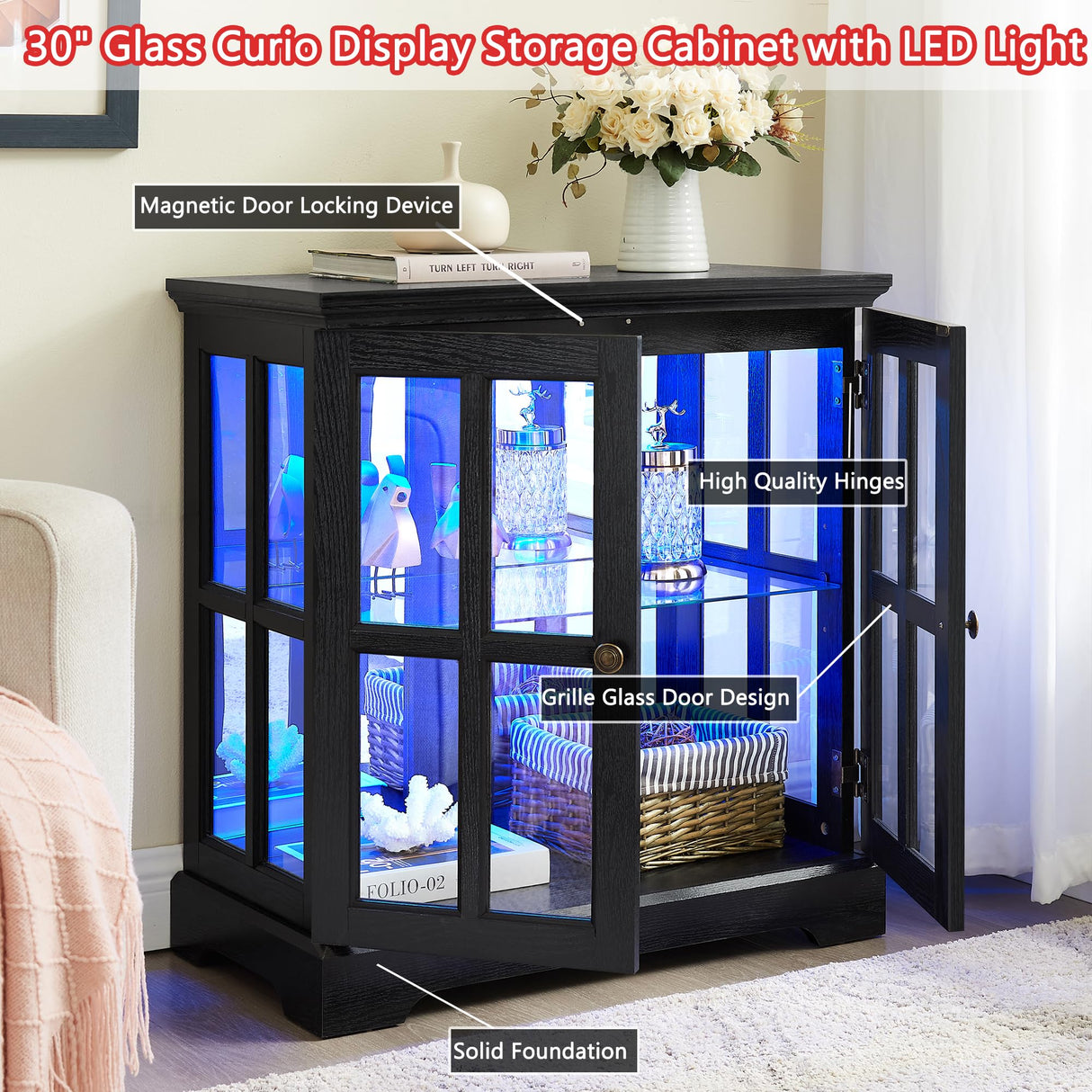 TRJQBCC 30" Glass Curio Display Storage Cabinet with LED Light, Modern 2 Lattice Doors Tableware Display Sideboard w/Adjustable Shelves, Retro Design Quality Showcase Bookcase for Home (Black) TRJQBCC