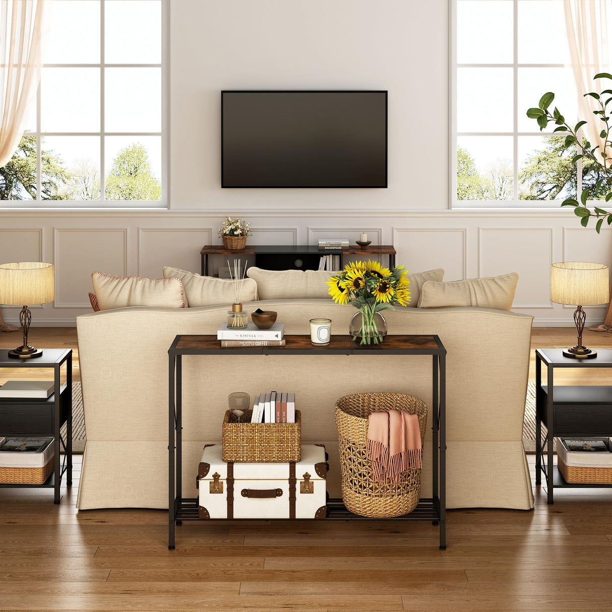 Tajsoon Console Table, 2-Tier Industrial entryway Table, 41.8”L Narrow Sofa Table with Shelves, Entrance Table for Entryway, Hallway, Living Room, Foyer, Corridor, Office, Rustic Brown Tajsoon