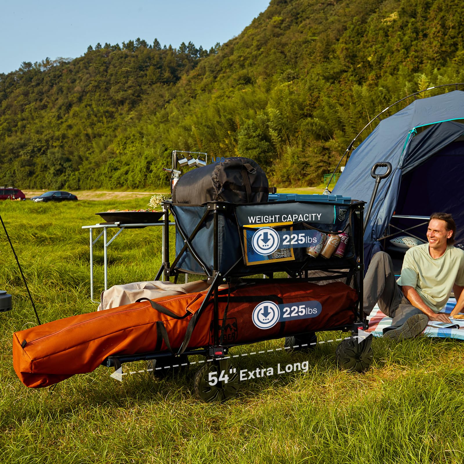 TIMBER RIDGE 400L Large Capacity Folding Double Decker Wagon, 54" Extra Long Extender Wagon Cart, 450lbs Heavy Duty Collapsible Wagon, All-Terrain Big Wheels for Camping, Sports, Shopping, Bl - WoodArtSupply