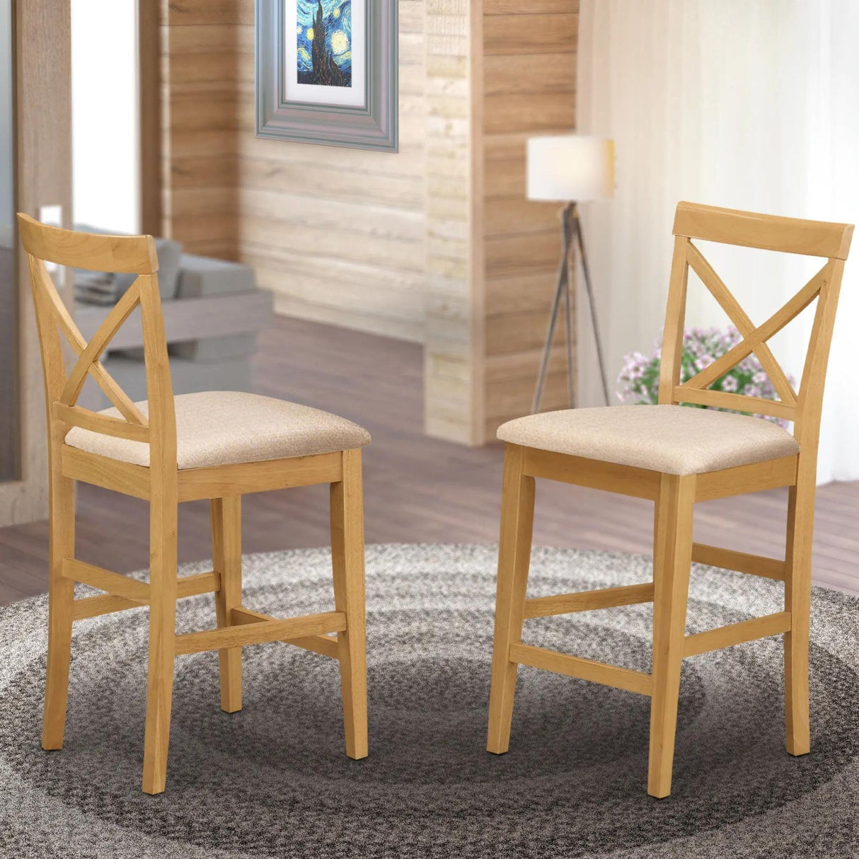 East West Furniture PBS-OAK-C Pub Counter Stool Bar Chair - Linen Fabric Pub Height Wooden Chairs, Set of 2, Oak East West Furniture