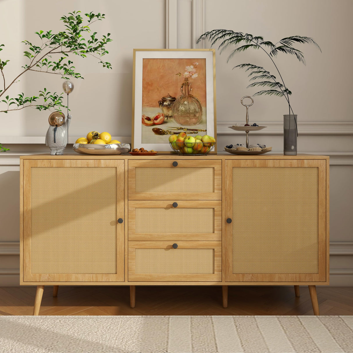 Oubayajia Rattan Sideboard Buffet Cabinet, 57.87" Rattan Accent Cabinet Storage Cabinet Console Table with 3 Drawers & 2 Doors and Adjustable Shelves for Kitchen, Dining Room, Living Room (Oak) Oubayajia