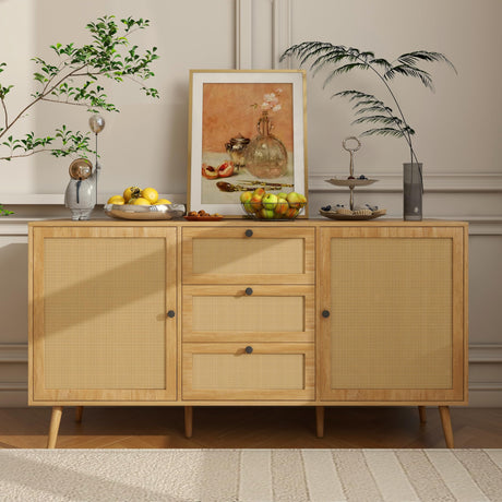 Oubayajia Rattan Sideboard Buffet Cabinet, 57.87" Rattan Accent Cabinet Storage Cabinet Console Table with 3 Drawers & 2 Doors and Adjustable Shelves for Kitchen, Dining Room, Living Room (Oak) Oubayajia