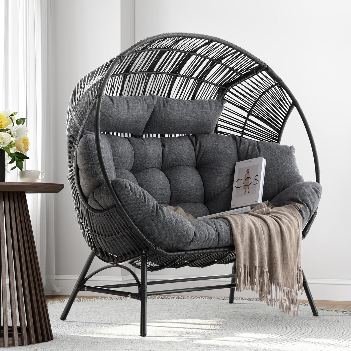 IRONCK 2 Person Egg Chair Outdoor Indoor, Oversized Double Wicker Lounge Chair, Thickened Padded Cushions and Headrests, 680Lbs Egg Loveseat for Patio, Balcony, Living Room, Porch, Gray IRONCK