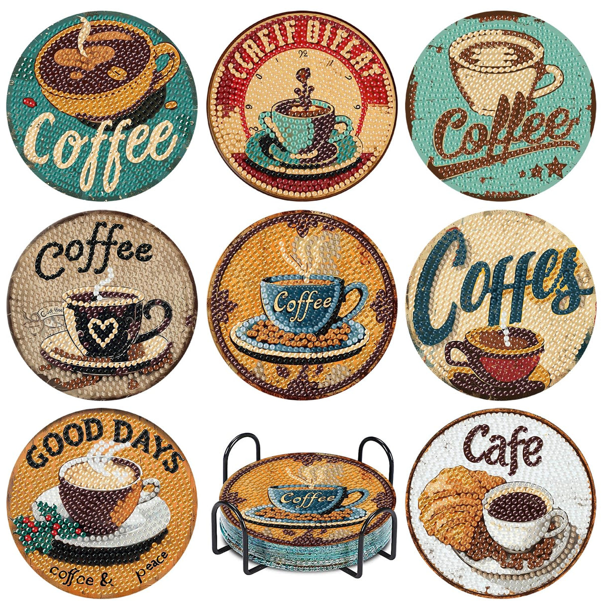cupmod Coffee Diamond Painting Coasters Kits,8 Pcs Coffee Diamond Art Coasters with Holder, Crafts Kits for DIY Coasters Diamond Art Kits for Adults cupmod