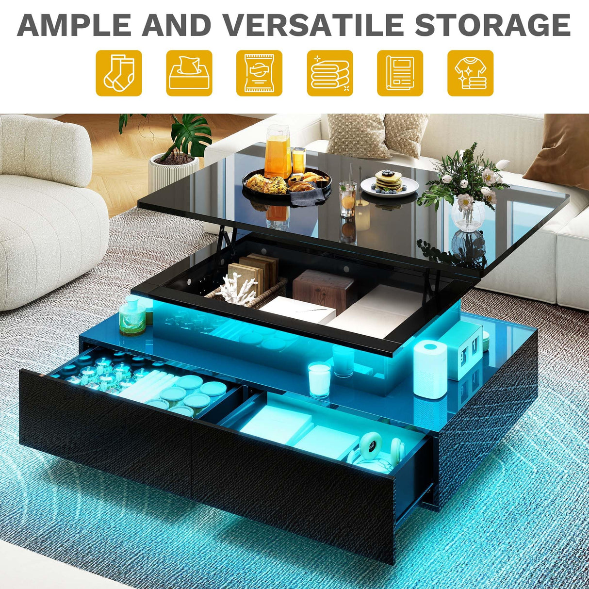 DWVO LED Lift Top Coffee Tables for Living Room, Rectangular Coffee Table with 4 Spacious Drawers, Modern Center Table with Lifting Top for Home Decor, Black DWVO