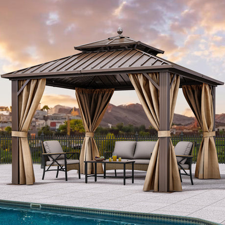 YITAHOME 10x10ft Hardtop Gazebo with Nettings and Curtains, Heavy Duty Double Roof Galvanized Steel Outdoor Combined of Horizontal Vertical Stripes Roof for Patio, Backyard, Deck, Lawn (Bronze) YITAHOME
