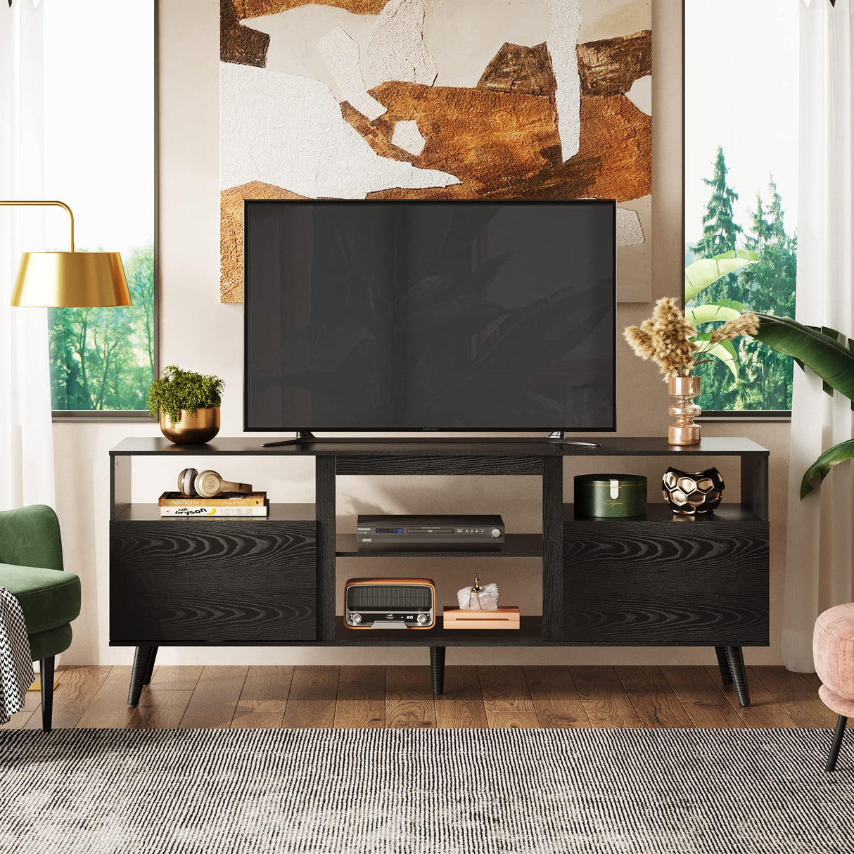 WLIVE TV Stand for 65 Inch TV, 58 inch Entertainment Center with 2 Storage Cabinets, Media Console for Living Room, Bedroom and Office, Black WLIVE