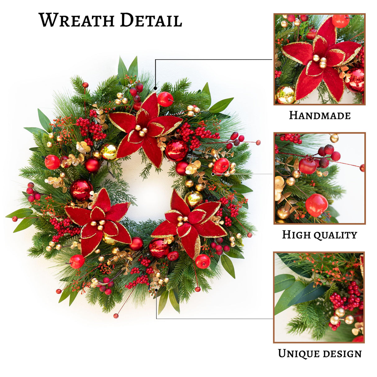 ArcadiaArt Prelit Christmas Wreaths for Front Door- 24 Inch Outdoor Christmas Door Wreath with Lights, Lighted Xmas Wreath with Poinsettia Flowers,Red Berries,Golden Ball- Home Christmas Decorations ArcadiaArt