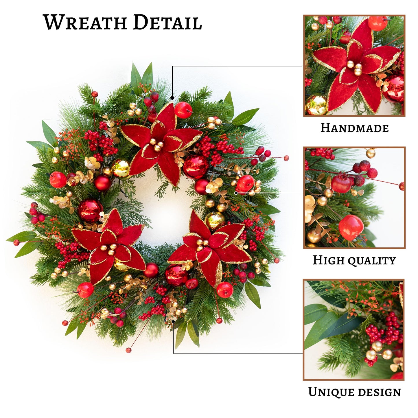 ArcadiaArt Prelit Christmas Wreaths for Front Door- 24 Inch Outdoor Christmas Door Wreath with Lights, Lighted Xmas Wreath with Poinsettia Flowers,Red Berries,Golden Ball- Home Christmas Decorations