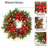ArcadiaArt Prelit Christmas Wreaths for Front Door- 24 Inch Outdoor Christmas Door Wreath with Lights, Lighted Xmas Wreath with Poinsettia Flowers,Red Berries,Golden Ball- Home Christmas Decorations ArcadiaArt