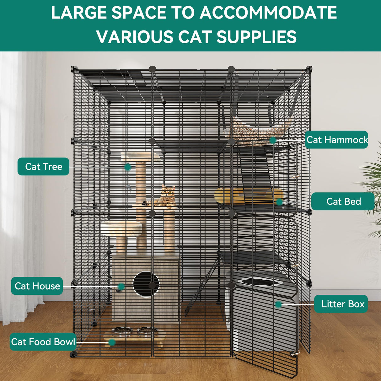 YITAHOME 4 Tier Cat Cage Large with Hammock Outdoor Cat Enclosure Catio Metal Kennels for 1-3 Cats, Indoor DIY Detachable Pet Playpen YITAHOME