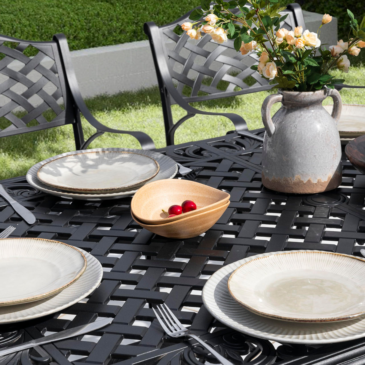 NUU GARDEN 7 Pieces Outdoor Patio Dining Sets, Cast Aluminum Rectangle Patio Table with Umbrella Hole and 6 Bistro Chairs, Armrest Dining Chairs and Bistro Table for Balcony, Backyard, Black NUU GARDEN