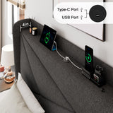 Einhomn Dark Grey Queen Size Upholstered Bed Frame with Built-in Charging Station and Storage Headboard Einhomn