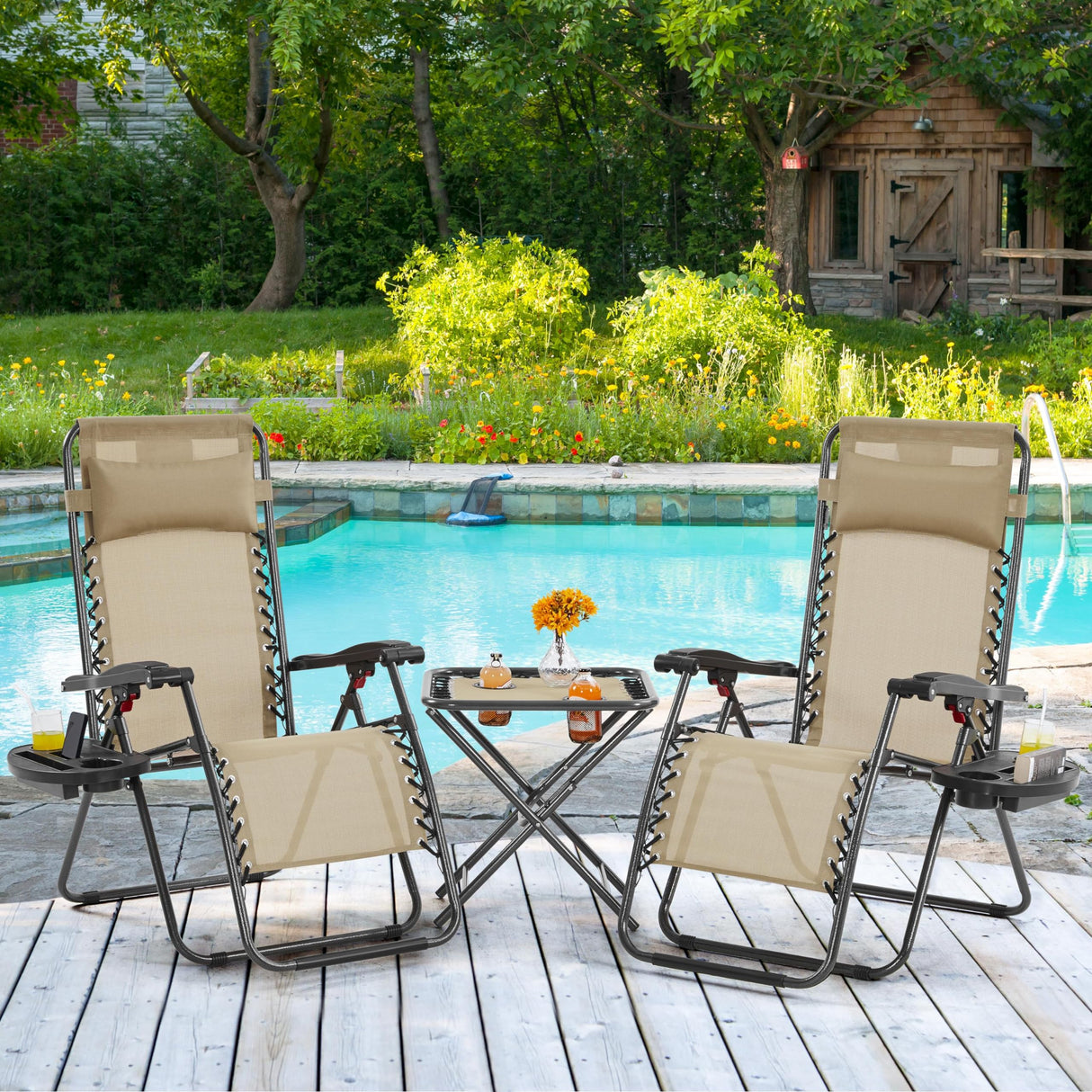 Yaheetech 3PCS Zero Gravity Recliner Portable Outdoor Reclining Chair Set w/Side Table Folding Chaise Lounge Chairs for Patio Beach Deck Garden Pool Beige Yaheetech