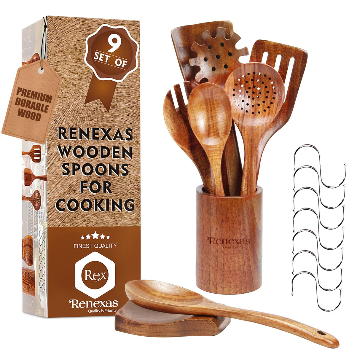 Renexas 9 Pcs Wooden Spoons for Cooking Utensils, Natural Teak Wooden Cooking Spoons with Nonstick Spatula Set, Bamboo Kitchen Utensils With Holder, Wood Spoon Set for Kitchen Essentials Renexas