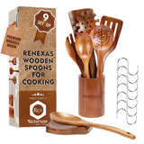 Renexas 9 Pcs Wooden Spoons for Cooking Utensils, Natural Teak Wooden Cooking Spoons with Nonstick Spatula Set, Bamboo Kitchen Utensils With Holder, Wood Spoon Set for Kitchen Essentials Renexas