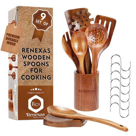 Renexas 9 Pcs Wooden Spoons for Cooking Utensils, Natural Teak Wooden Cooking Spoons with Nonstick Spatula Set, Bamboo Kitchen Utensils With Holder, Wood Spoon Set for Kitchen Essentials Renexas