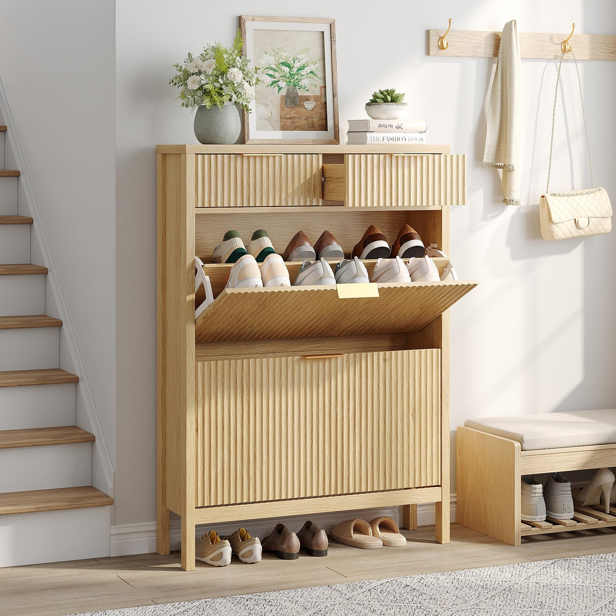 Shoe Storage Cabinet with 2 Flip Drawers,Freestanding Narrow Organizer with Wavy Wood Grain Design Shoe Rack with Adjustable Shelf for Entryway,Hallway,Living Room,Front Door Entrance,Oak Natural Maupvit