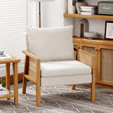 Awonde Ivory Accent Chair Linen Mid Century Modern Upholstered Living Room Chairs with Natural Rattan Arms Bedroom Reading Armchair Awonde