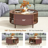 Round Coffee Table, 31.5" Fluted Center Table with Storage, Lift-Top Coffee Table with Adjustable Footpads, Sliding Door, Mid-Century Modern Center Table for Living Room, Small Space (Walnut) BEROXII