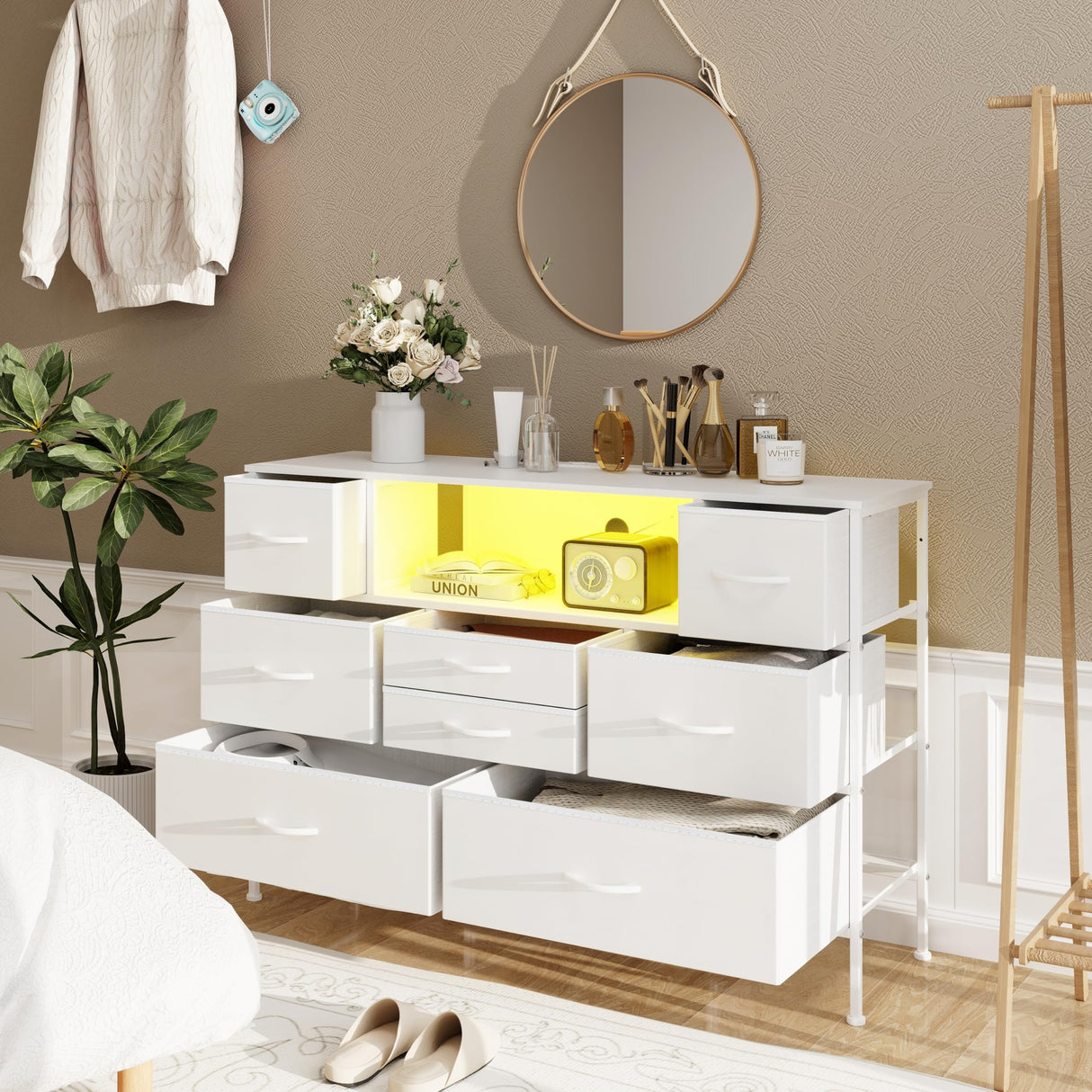 Simoretus Dresser with Charging Station and LED Light for Bedroom 8 Fabric Drawers with PU Finish Long Wide Dresser Chest of Drawers Open Shelf for Living Room TV Stand Closet Hallway (White) Simoretus