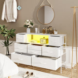 Simoretus Dresser with Charging Station and LED Light for Bedroom 8 Fabric Drawers with PU Finish Long Wide Dresser Chest of Drawers Open Shelf for Living Room TV Stand Closet Hallway (White) Simoretus
