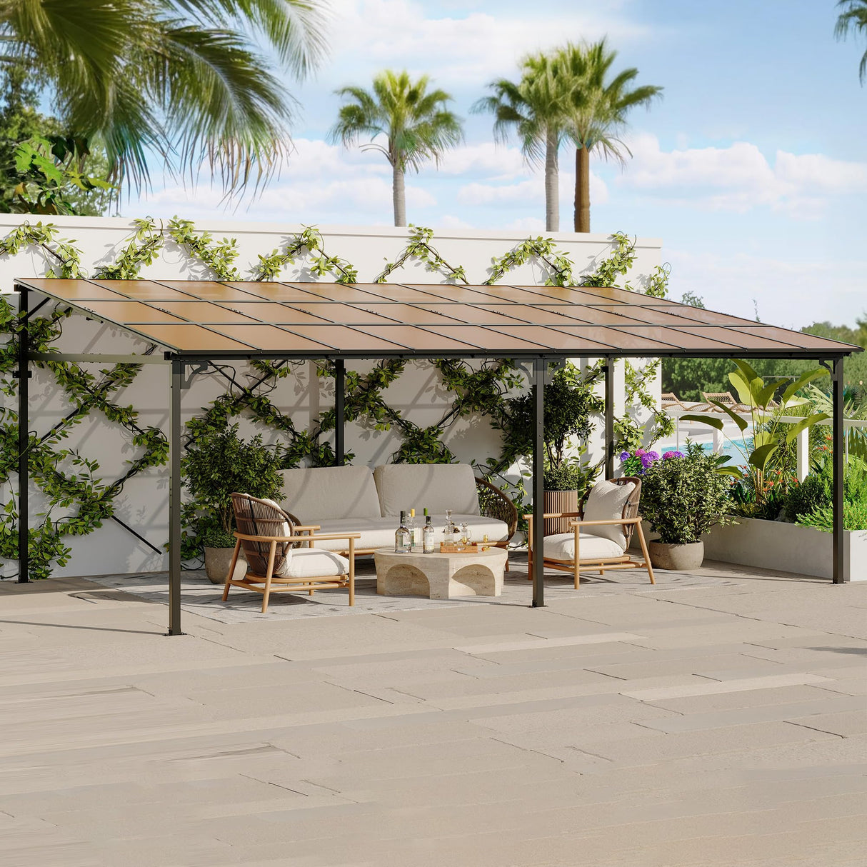 12' x 20' Gazebo for Patio, Large Wall Mounted Gazebos Pergola with Metal Frame, Hard Top Lean to Pergola, Outdoor Patio Lean to Metal Awnings Gazebos for Deck, Porch, Backyard Reljofum