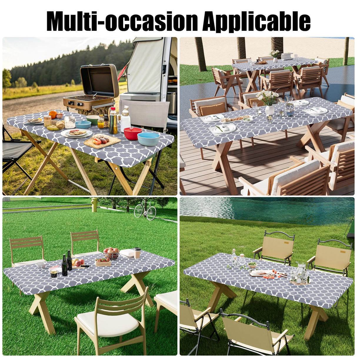 Smiry Rectangle Picnic Table Cloth 2 Pack, 6FT Waterproof Elastic Fitted Tablecloths, Washable Polyester Table Cover for Camping, Indoor and Outdoor (Grey Morocco, 30"x72") Smiry