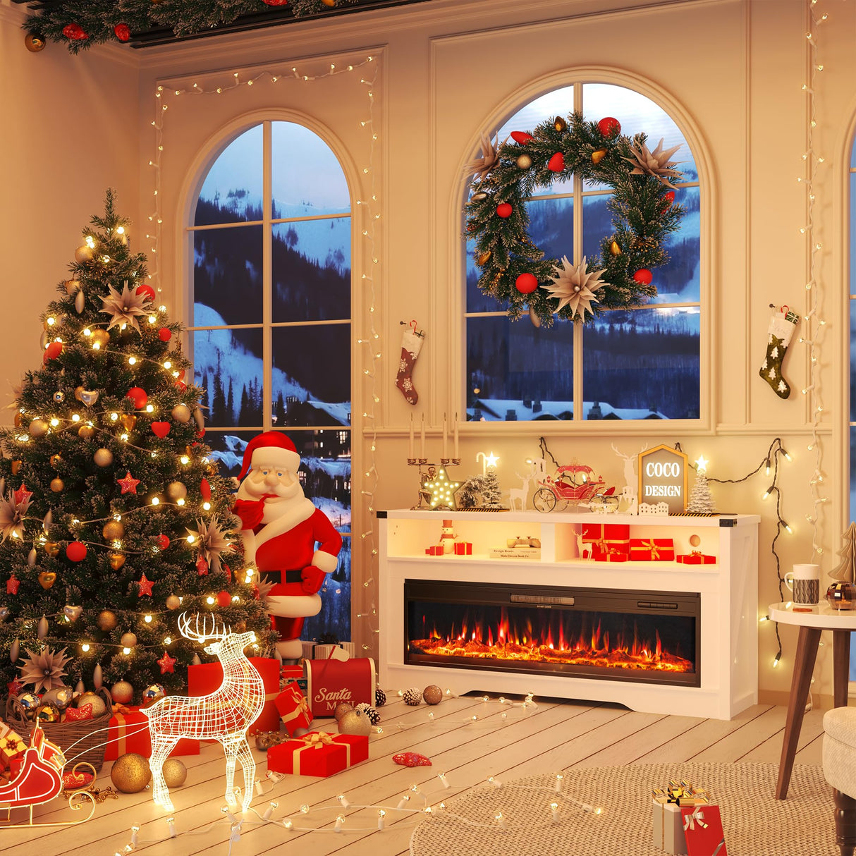 Fireplace TV Stand, Wood Texture 50" Electric Fireplace with Highlight Storage Cabinet, LED Light Entertainment Center, for TVs Up to 65"(WHITE) COCO DESIGN