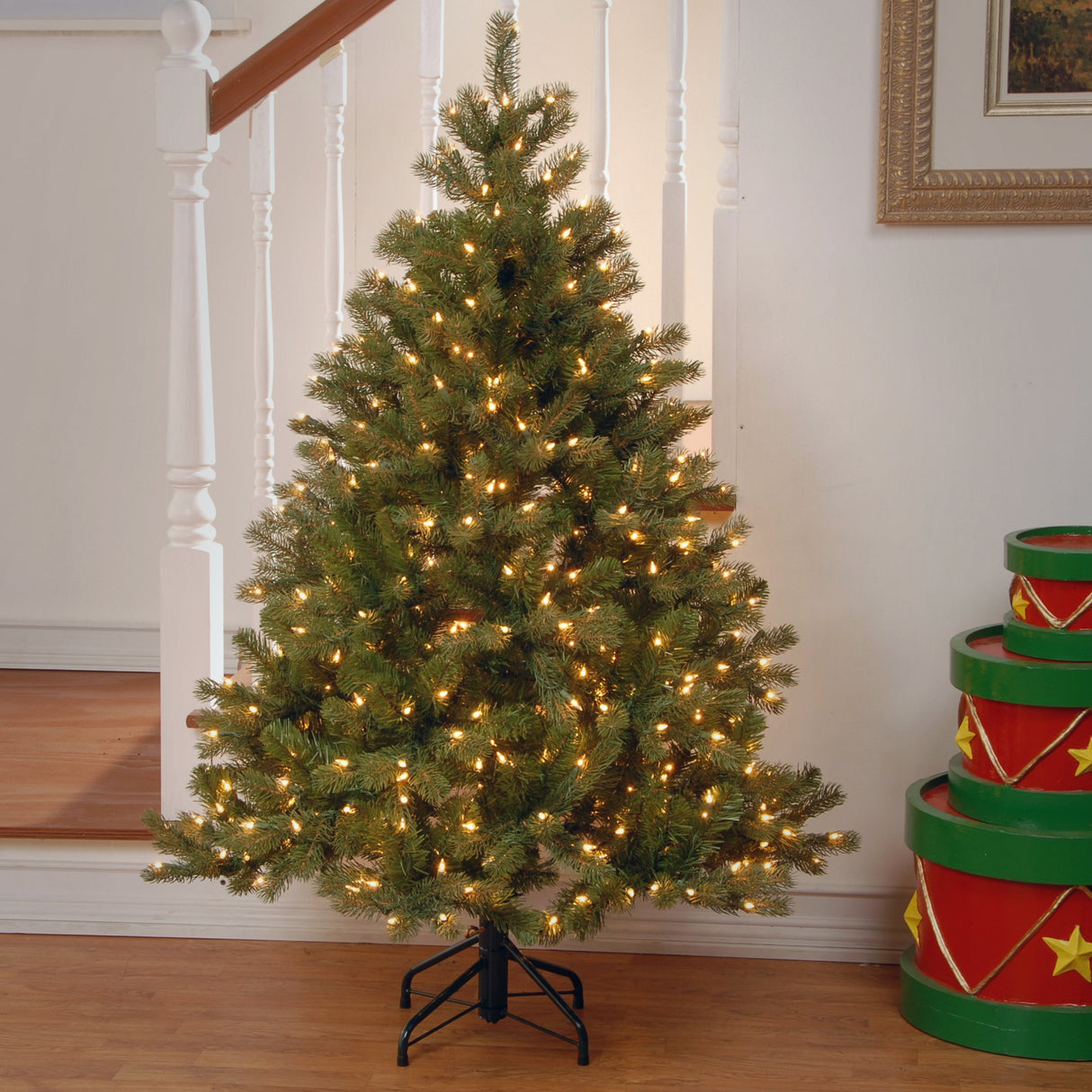National Tree Company Pre-Lit 'Feel Real' Artificial Full Downswept Christmas Tree, Green, Douglas Fir, White Lights, Includes Stand, 4.5 feet National Tree Company