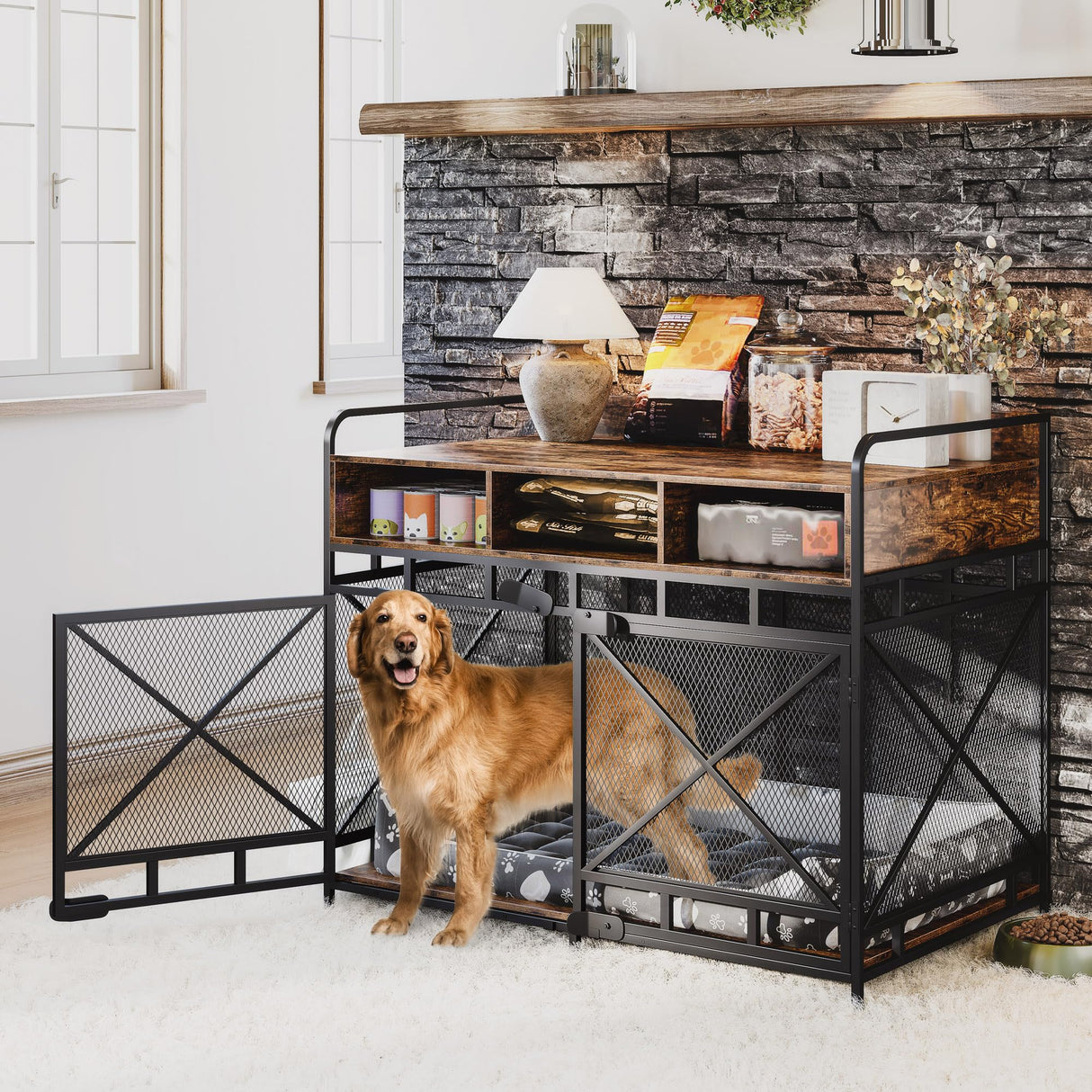 Fulhope Dog Crate Furniture,Wooden Dog Crate End Table,43 Inch Dog Kennel with Drawers,Heavy Duty Dog Crate,Decorative Pet Crate Dog Cage for Indoor 43.3" L x 27.6" W x 35.7" H (Rustic Brown) Fulhope