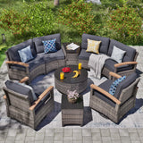 MEISSALIVVE 9-Piece Outdoor Patio Furniture Set, Half-Moon Curved Sectional Set with Wood Armrests, Patio Conversation Set, Tempered Glass Coffee & Side Tables (Grey) MEISSALIVVE