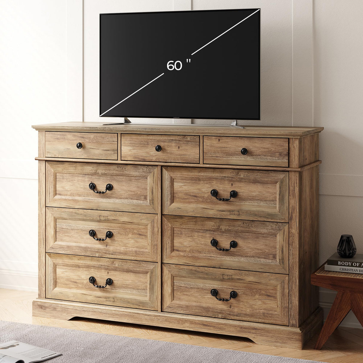 LINSY HOME 9 Drawers Dresser for Bedroom, Wide Wood Chest of Drawers with Metal Handle, Farmhouse Tall Drawer Organizer for Bedroom, Closet, Living Room, Hallway and Entryway, Rustic Oak LINSY HOME