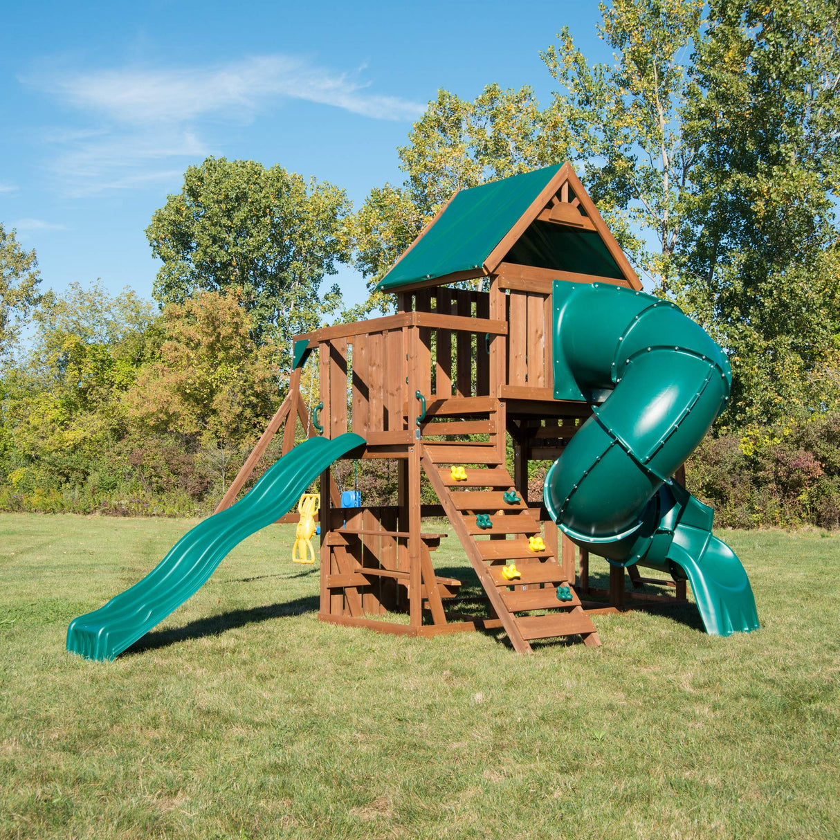 Swing-N-Slide WS 8358 Denali Tower Swing Set with Two Slides, Climbing Wall & Swings, Wood Swing-N-Slide