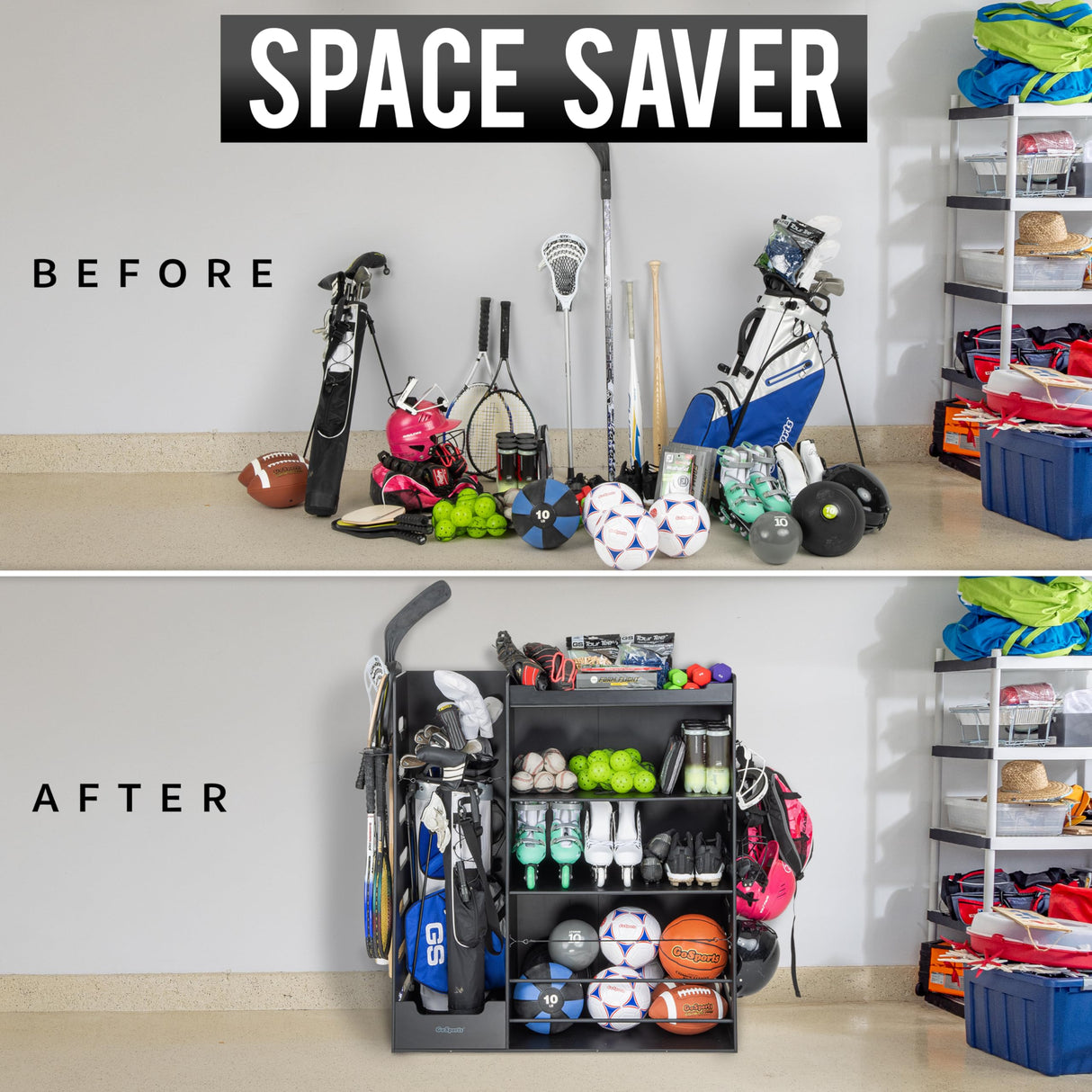 GoSports Premium Wooden Sports Equipment Organizer with Storage Hooks - Golf Bag Rack and Multi-Sport Ball Bin for Garage GoSports