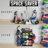 GoSports Premium Wooden Sports Equipment Organizer with Storage Hooks - Golf Bag Rack and Multi-Sport Ball Bin for Garage GoSports