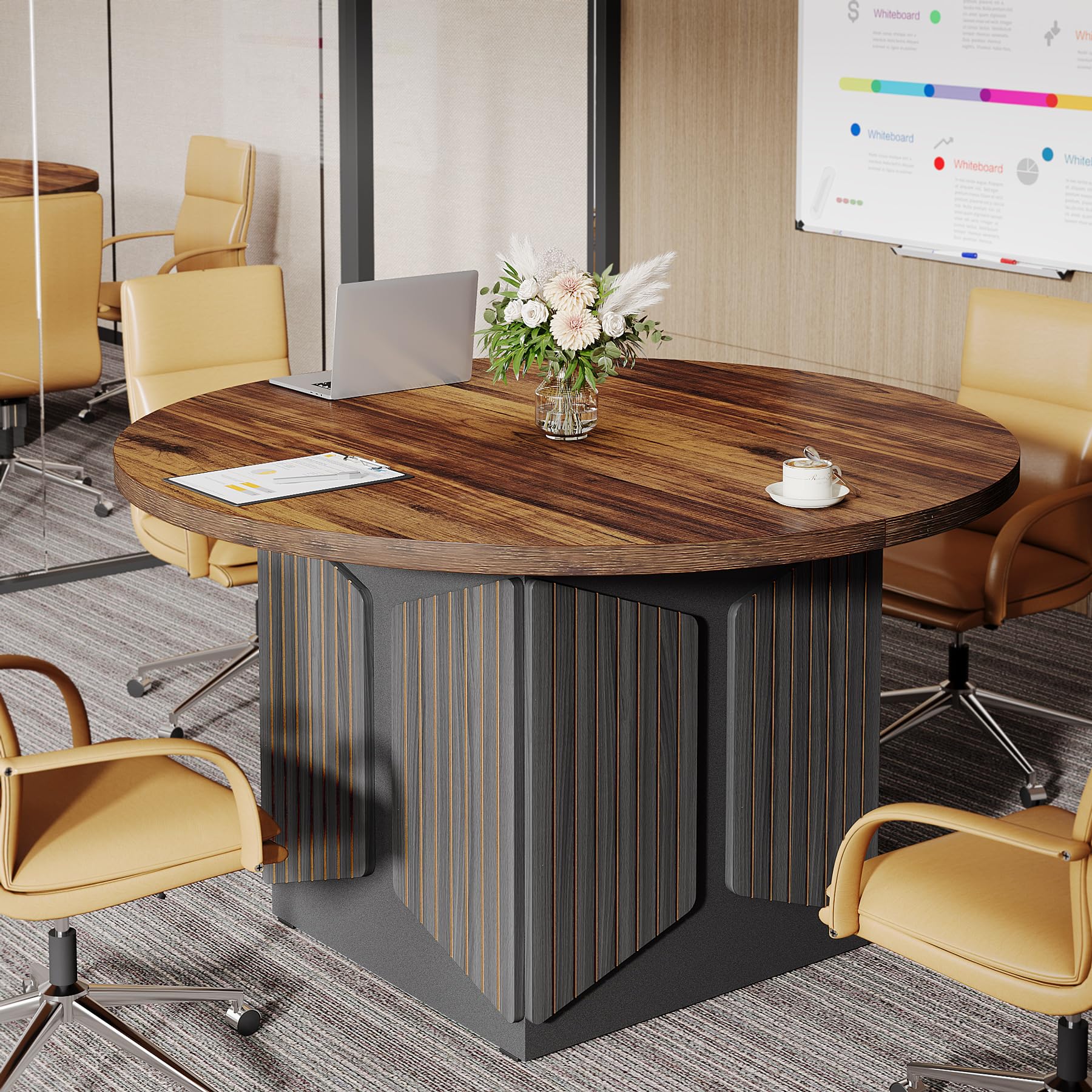 Tribesigns 47" Round Conference Table, Round Multi-Purpose Meeting Table, Reception Negotiation Table for 4, Small Business Training Seminar Table for Office Conference Room (Brown + Black) - WoodArtSupply