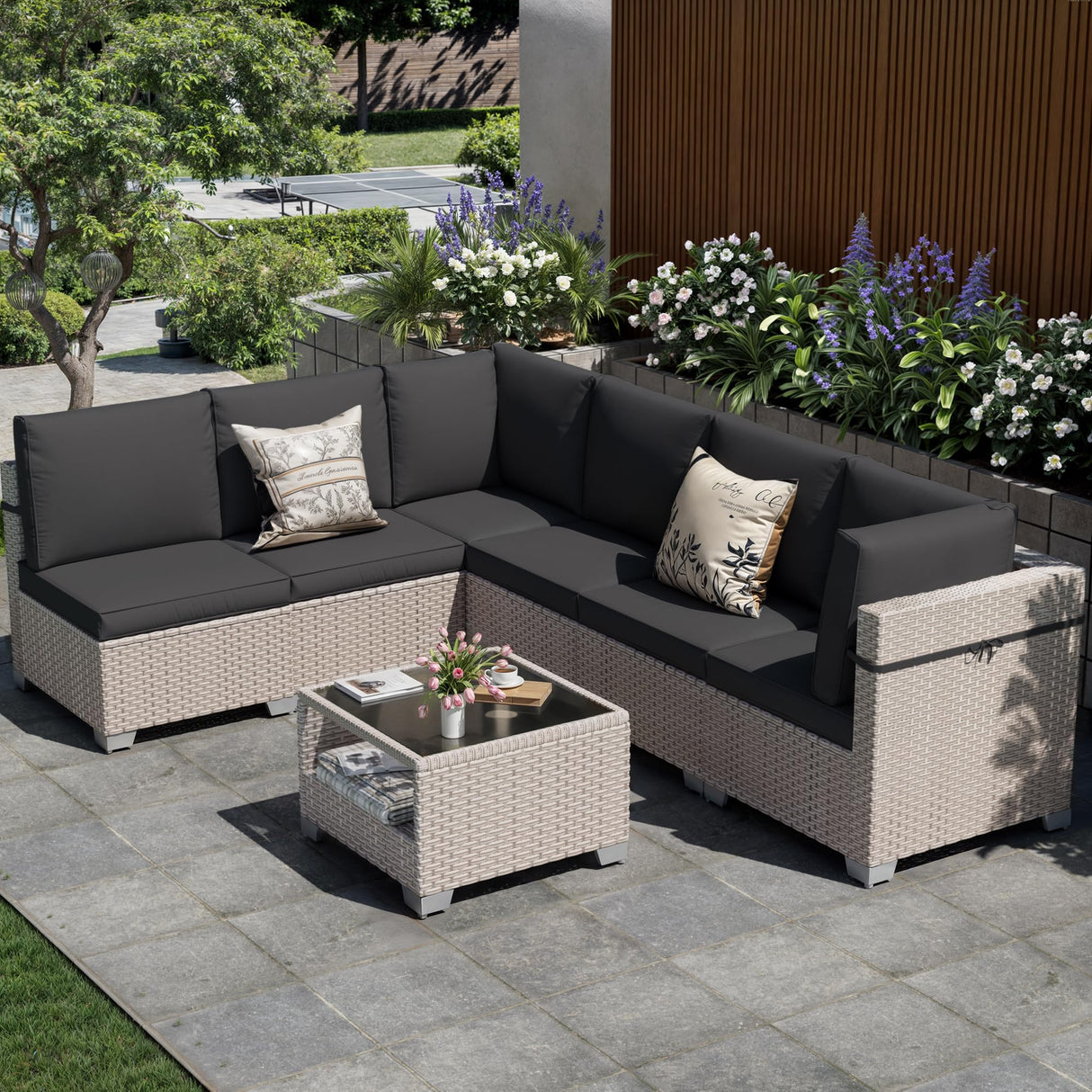 Aukreolis 7 Pieces Patio Furniture Set, Outdoor Sectional Wicker Sofa with Thick Cushions and Storage Coffee Table, Rattan Patio Conversation Sets for Deck Yard Poolside, Black Aukreolis