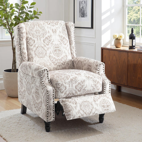 Pushback Recliner Chair, Floral Fabric Wingback Recliner Chair, Upholstered Armchair Push Back Recliner, Rivet Trim Single Sofa Accent Chair with Wood Legs for Living Room, Beige Lumibee