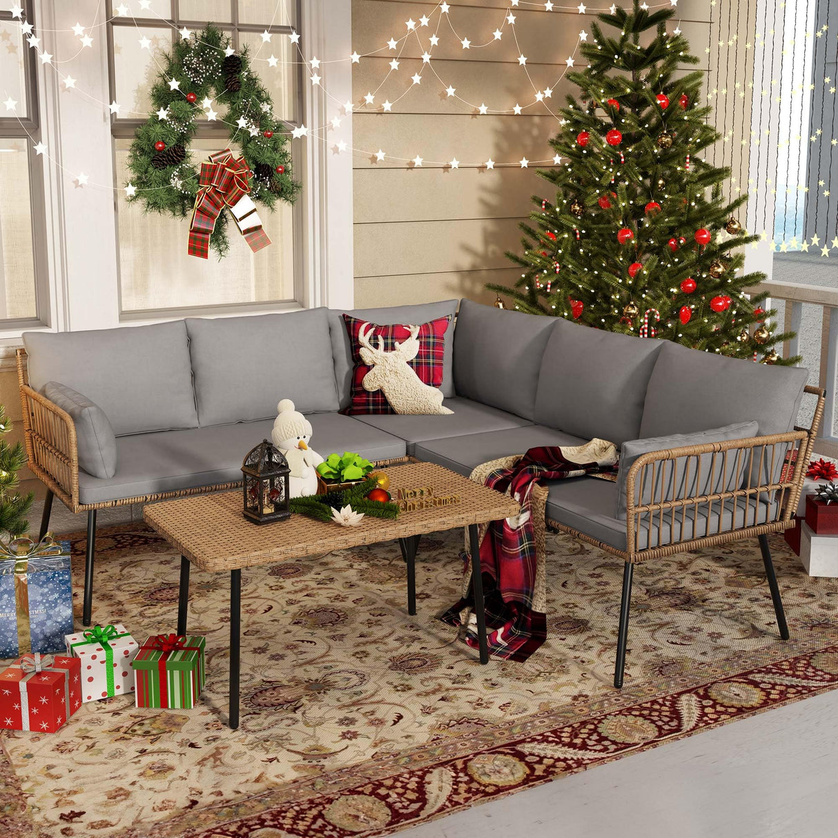 YITAHOME 4 Pieces Patio Furniture Set, Outdoor Wicker Conversation Sectional L-Shaped Sofa with 5 Seater for Backyard, Porch, Boho Detachable Lounger with Thickness Cushions and Side Table - Grey YITAHOME