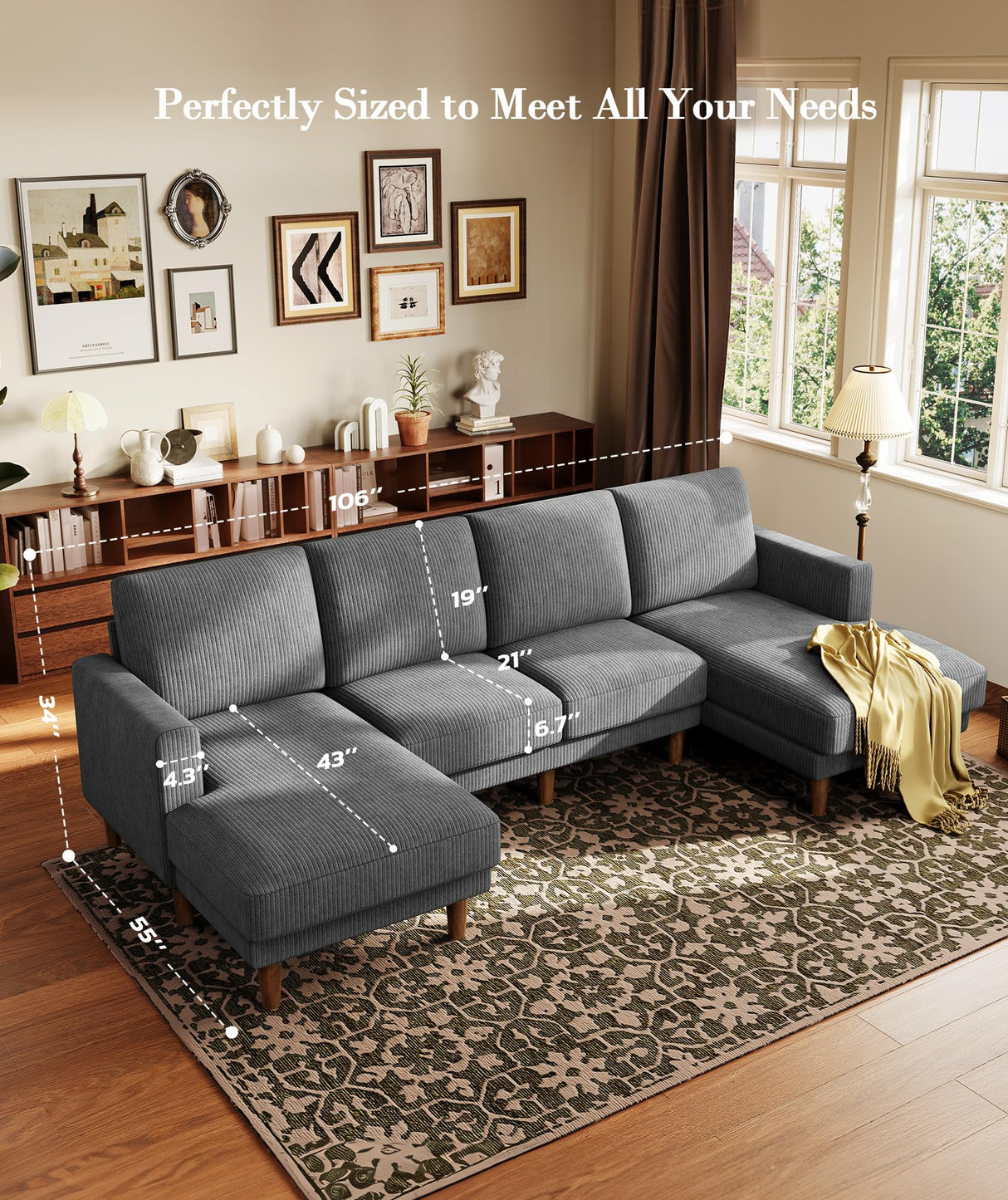 Kidirect Grey U Shaped Couch with Chaises, 106" Corduroy Sectional Couches for Living Room No Tool Assembly, 4 Seats Loveseat Sofa Comfy Sectional Sofas for Living Room Apartment Home 900lb Load Kidirect