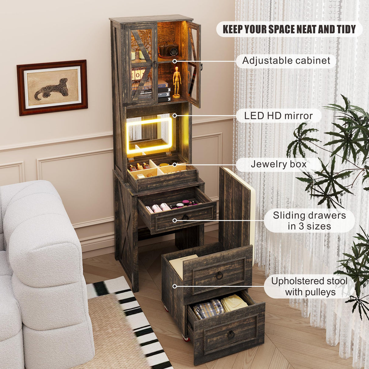 FREDEES Vanity Desk with Mirror,Small Makeup Vanity Set with Customizable Lighting,Compact Makeup Vanity Desk with Hidden Storage and Comfortable Stool,Dressing Table for Bedroom,Brown FREDEES