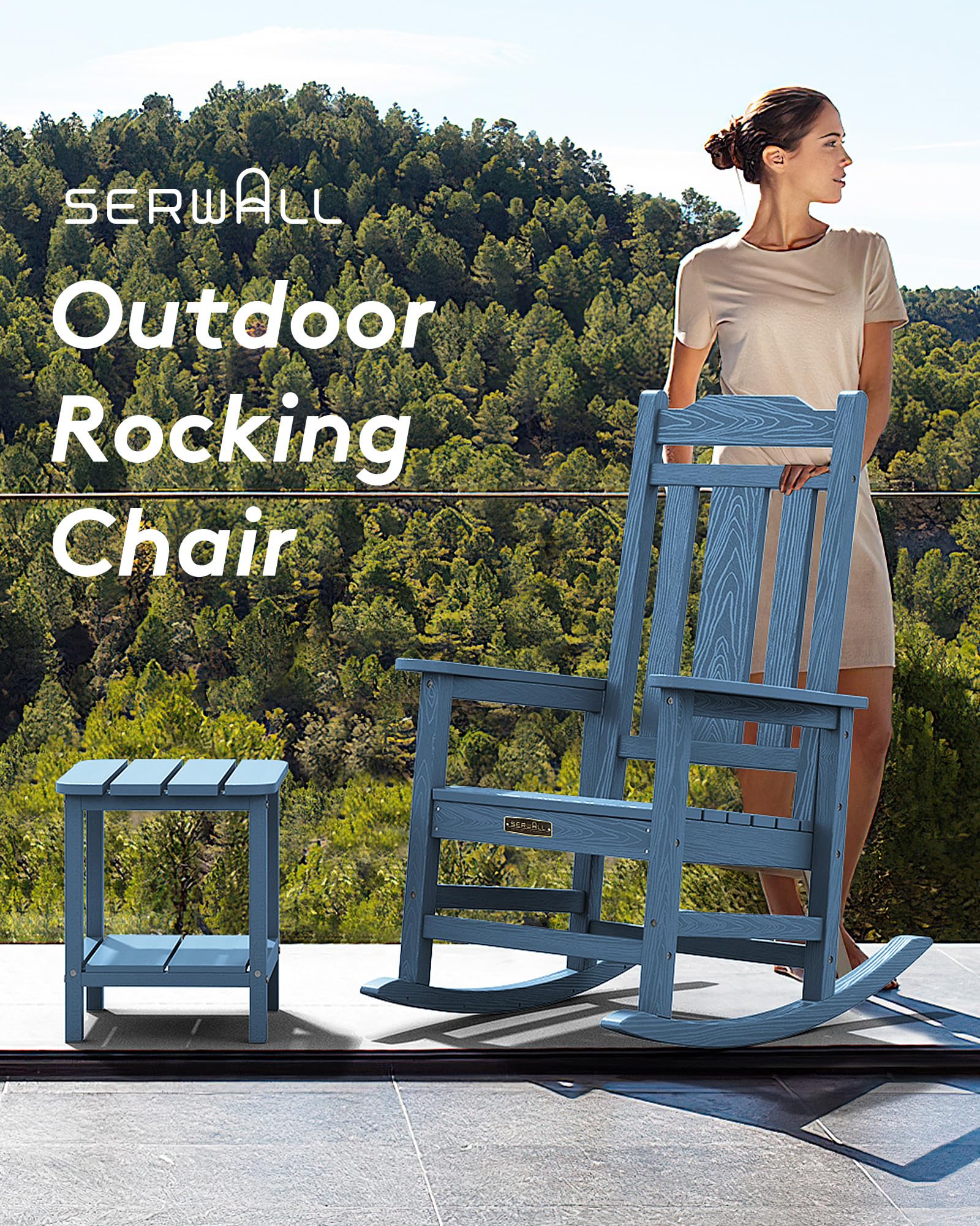 SERWALL Outdoor Rocking Chair, HDPE Poly Rocking Chair for Adults, All Weather Resistant Heavy Duty Front Porch Rocker, Blue - WoodArtSupply