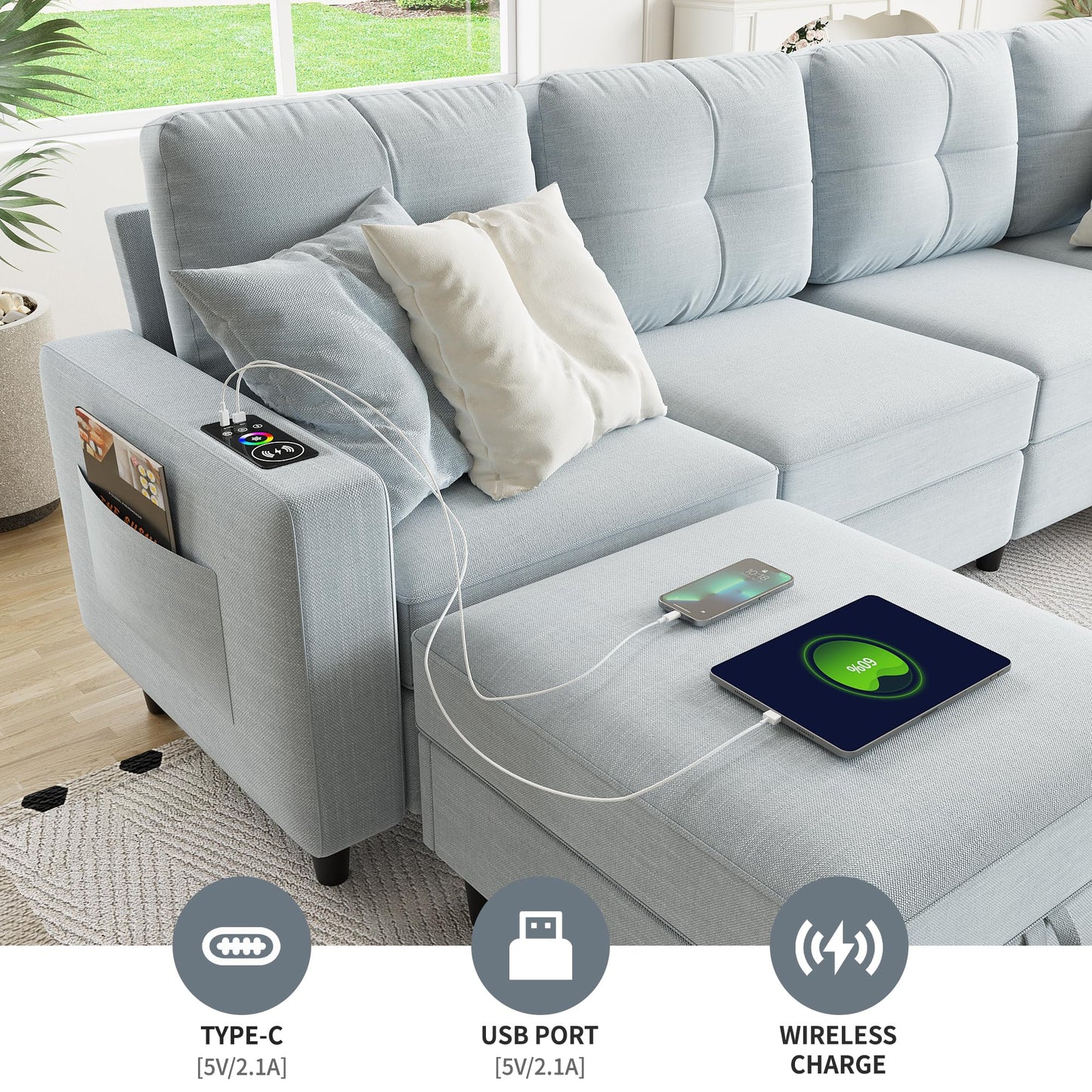 Lvifur LED Sectional Couches for Living Room, Modern Modular Sectional Sofa with Charging Station, U-Shaped 4 Seat Sofa Set with Chaise and Storage Ottomans (Light Grey)