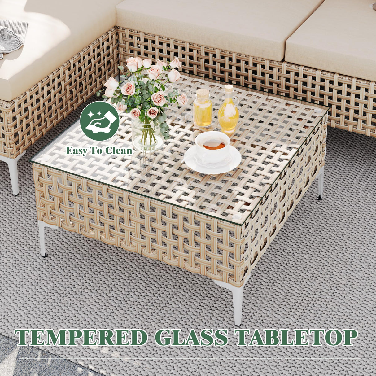 JHSDFOUIH Patio Furniture Set, Outdoor Couch with Glass Coffee Table&Thick Cushion, Wicker Chaise Longue Sofa Set, All-Weather PE Rattan Conversation Set for Garden, Deck, Poolside(3pcs Yellow&Beige) JHSDFOUIH