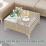 JHSDFOUIH Patio Furniture Set, Outdoor Couch with Glass Coffee Table&Thick Cushion, Wicker Chaise Longue Sofa Set, All-Weather PE Rattan Conversation Set for Garden, Deck, Poolside(3pcs Yellow&Beige) JHSDFOUIH