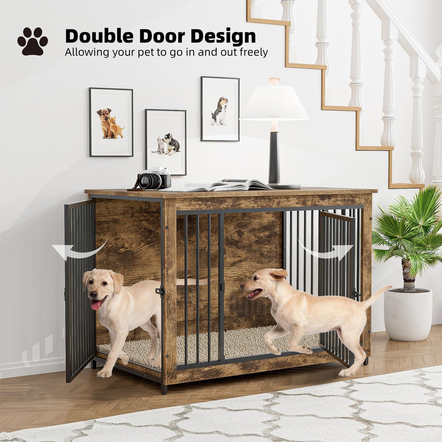 BREEZEHEAT Dog Crate Furniture with Cushion, 38'' Wooden Dog Crate Kennel with Double Doors, Heavy-Duty Dog Cage End Table for Small/Medium Dog, Indoor Dog House, Rustic Brown - WoodArtSupply