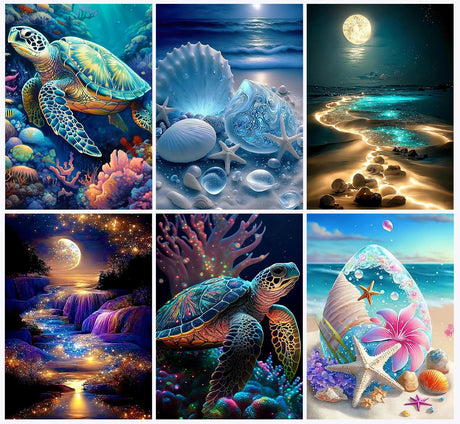 AREOPNMG 6pack Sea Turtle Beach Diamond Painting Kits for Adults Beginners,5D Moonlight Waterfall Landscape Diamond Art,DIY Full Round Drill Dot Gem Art Kits,Home Wall Decor 9.8x13.8 Inch AREOPNMG