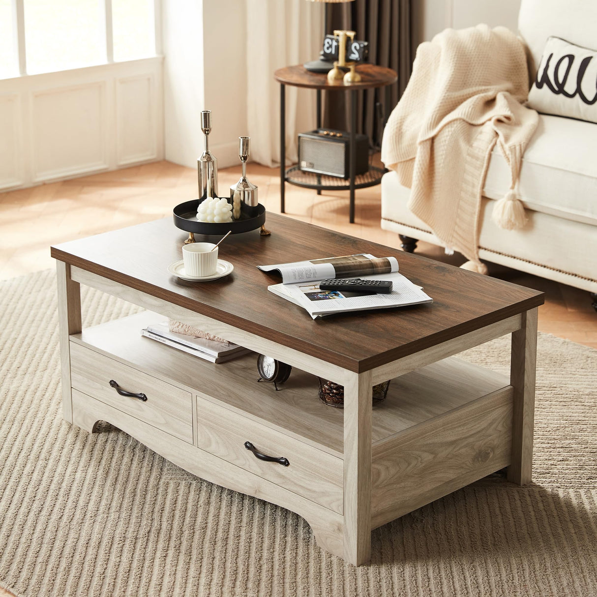 LINSY Farmhouse Coffee Table, Rectangle Coffee Table with Drawers, Rustic Wooden Coffee Tables with Storage, Center Table for Living Room, Apartment, Office, White Oak LINSY