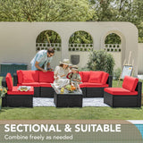 Devoko 7 Pieces Outdoor Sectional Sofa Patio Furniture Sets Manual Weaving Wicker Rattan Patio Conversation Sets with Cushion and Glass Table (Red) Devoko